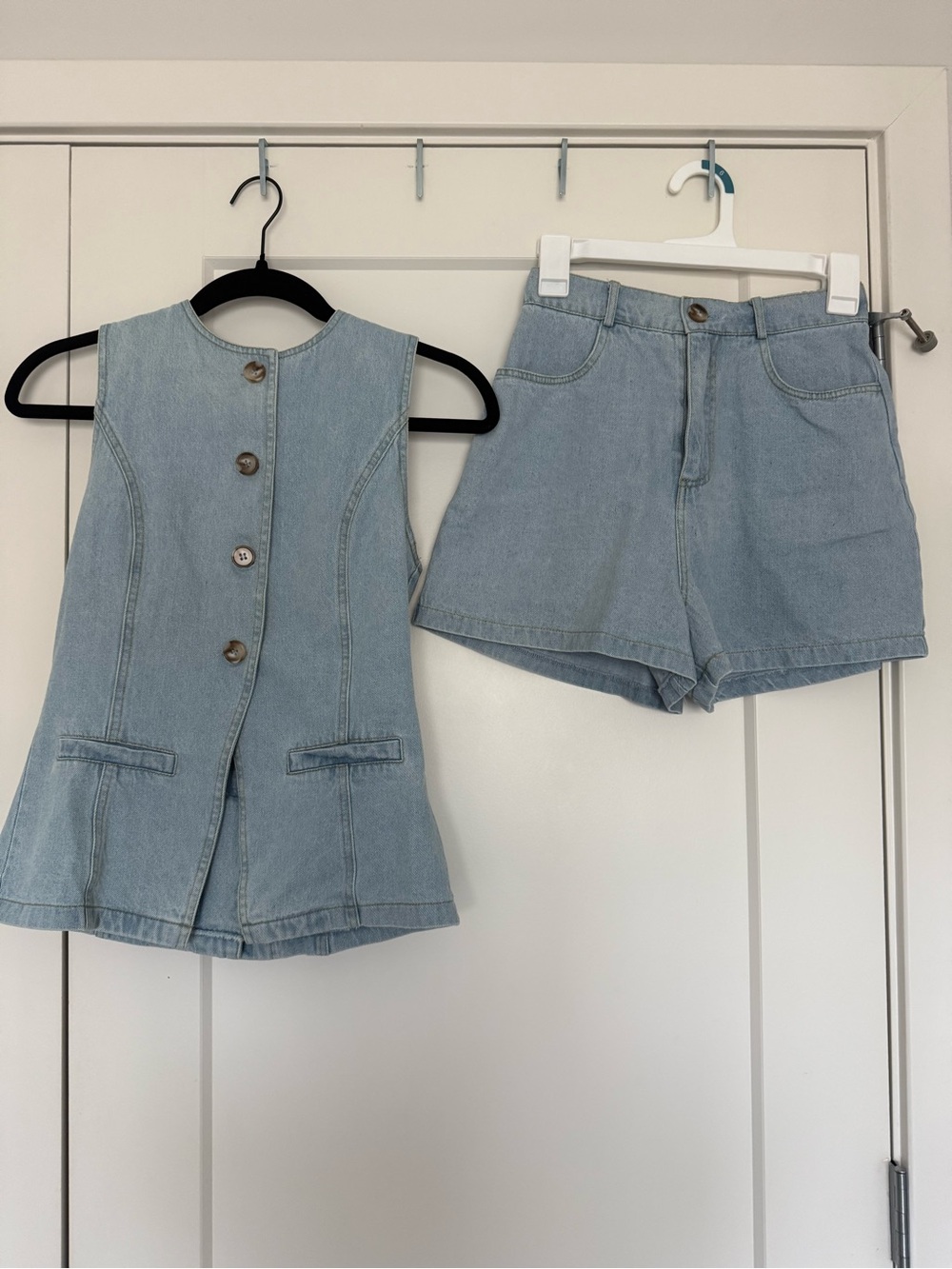 Light Blue Denim Vest & High-Waist Shorts Set